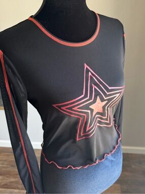 Hot Topic Black Long Sleeve Star Mesh Tee with Red Trim